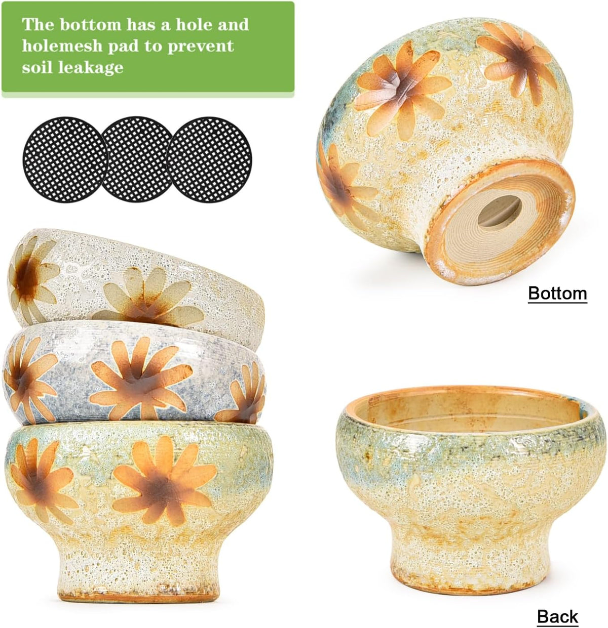 Sungmor Small Succulent Planters Set of 3, Beautiful Hand Crafted Ceramic Plant Pots Cute Cactus
