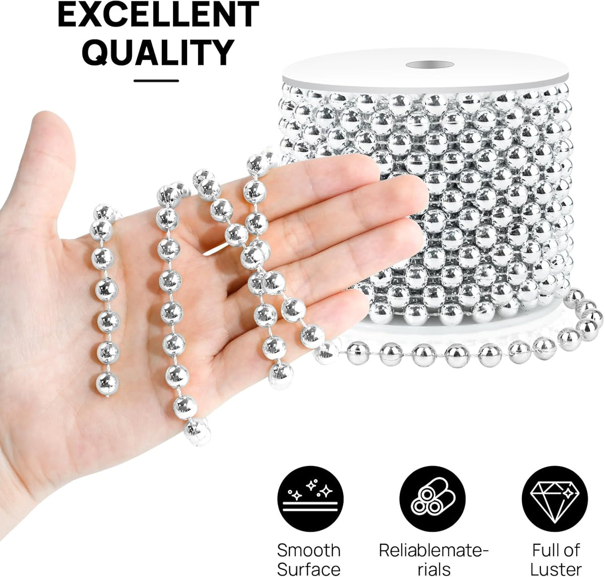 Craft String Pearls 8MM Pearl Bead, 33 Feet Silver Faux Pearl Garland Spool Roll Strand Wedding
