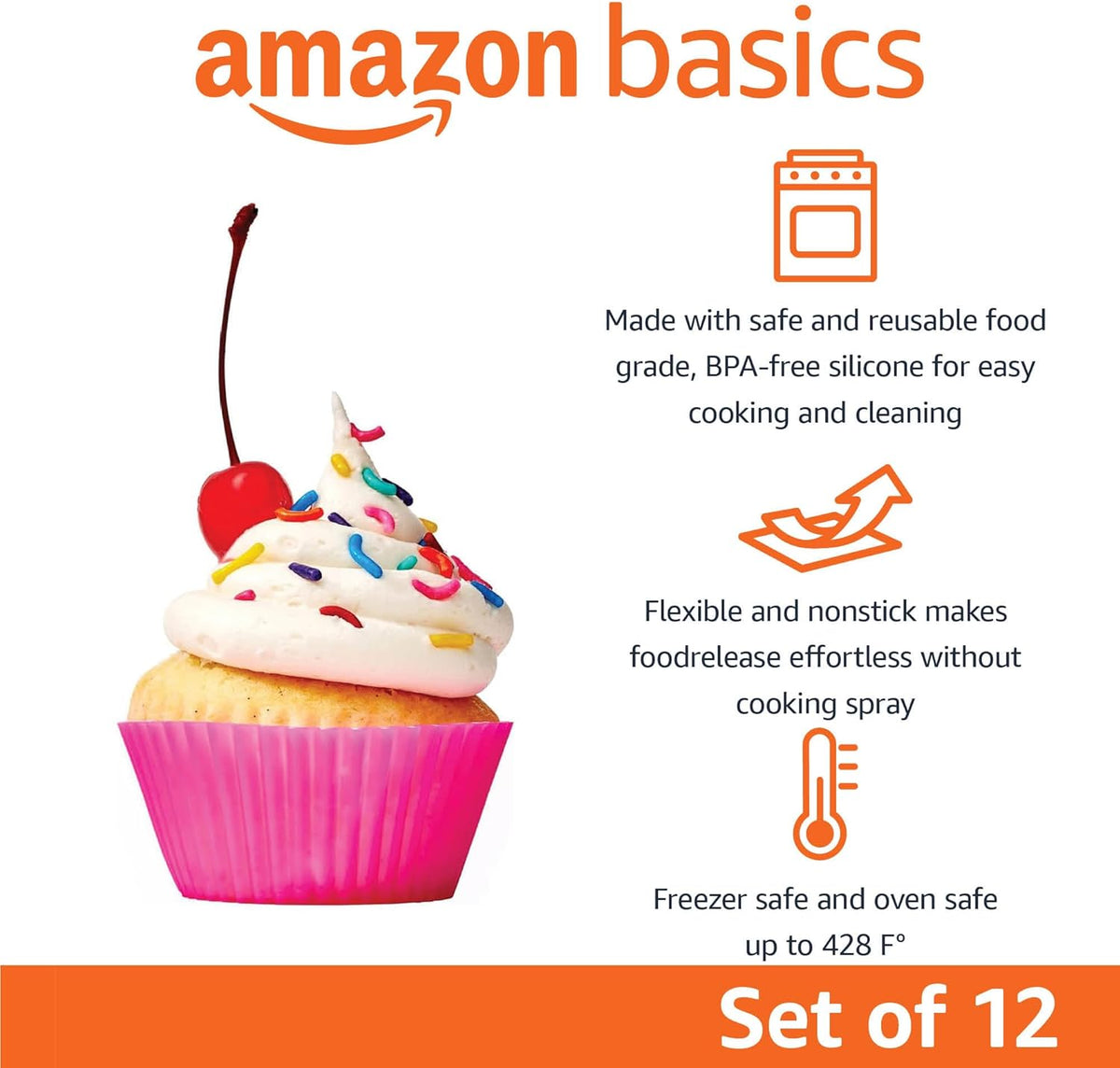 Amazon Basics Reusable Silicone Baking Cups, BPA Free Muffin Liners, Dishwasher Safe, 2.9 x 2.9 x