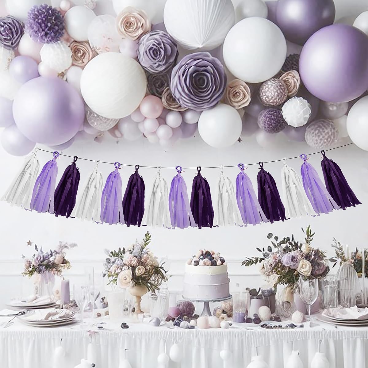 White Purple Party Decorations - 15Pcs Tissue Paper Tassel Garland Birthday Decorations Valentines