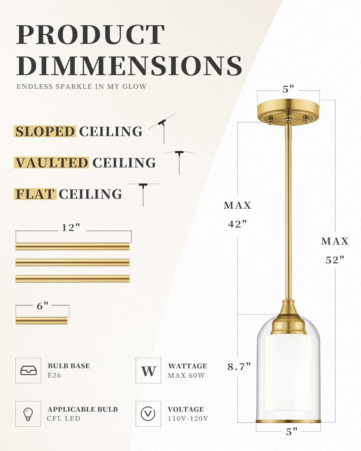 LIROUVET Gold Pendant Lights Kitchen Island - Dual Glass Pendant Light, 1-Light Hanging Light with