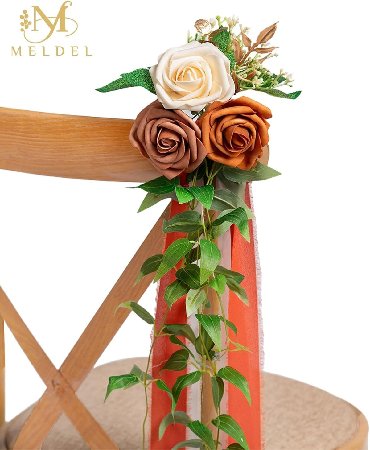 Meldel 10Pcs Wedding Chair Decorations Aisle Flowers Swag Artificial Flower Ivory Orange Garland