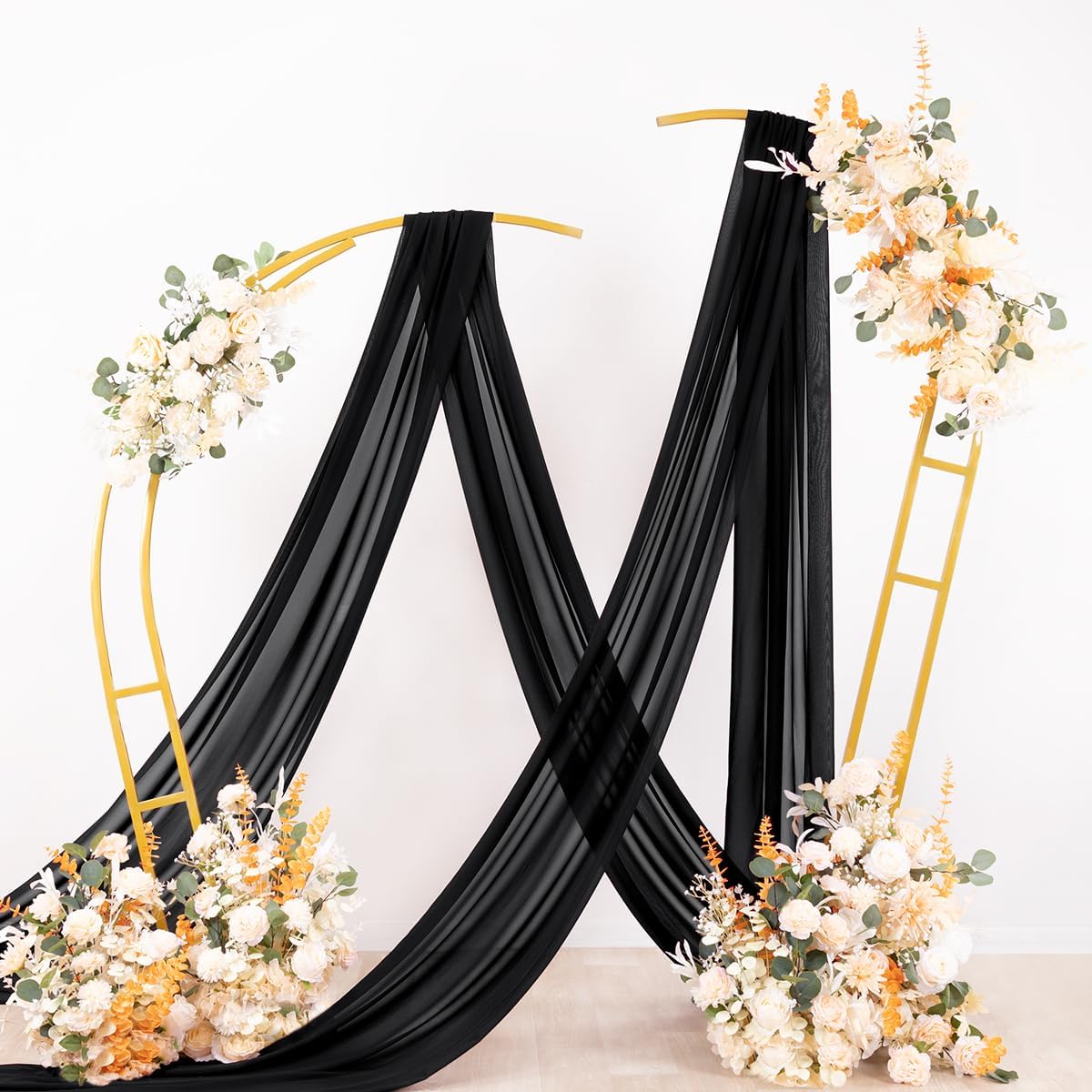 Socomi Wedding Arch Draping Fabric 3 Panels 29" x 18Ft Black Sheer Curtain Drapes 6 Yards for