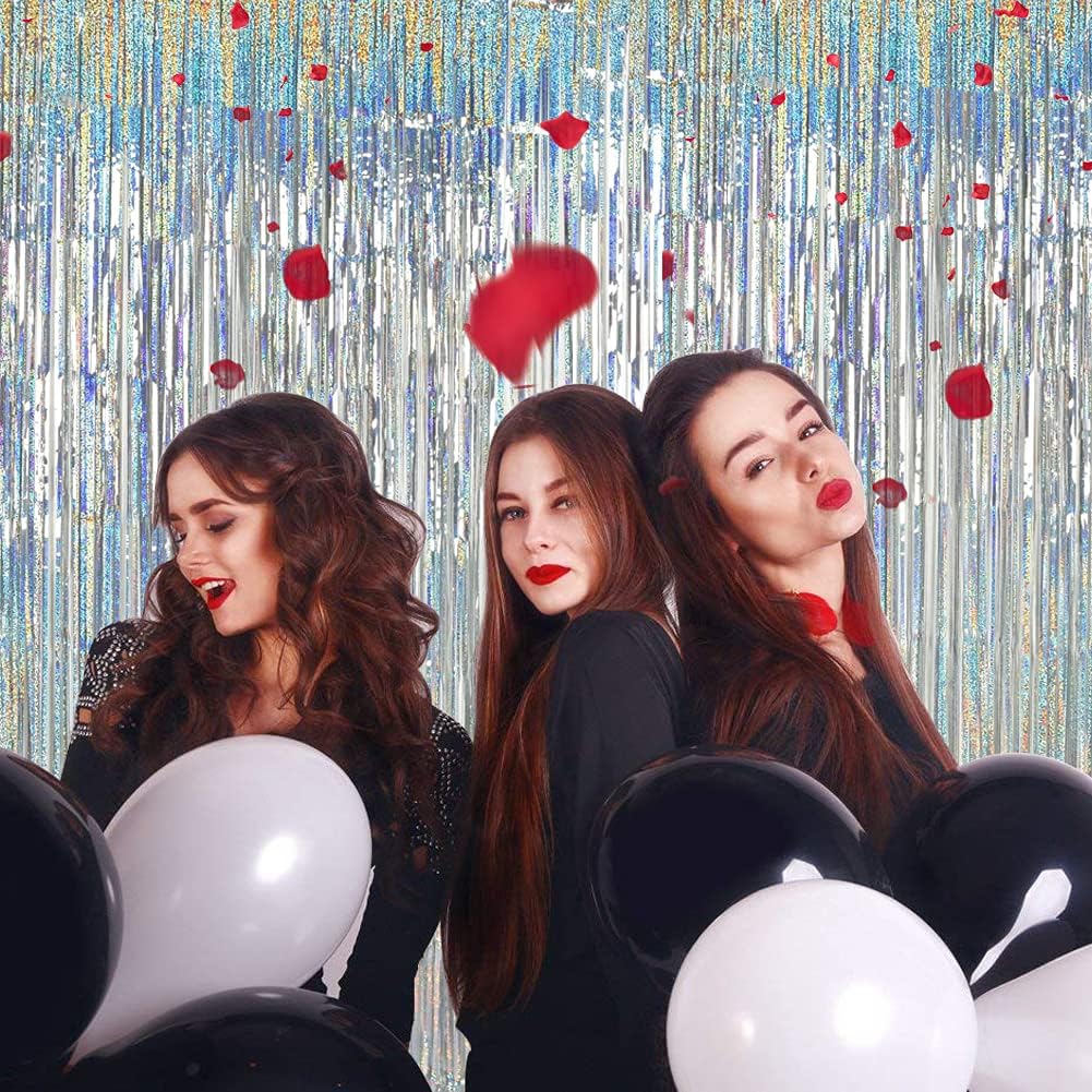 TONIFUL 3Pcs Laser Silver Door Streamers,Laser Silver Photo Booth Backdrop Metallic Streamers Foil