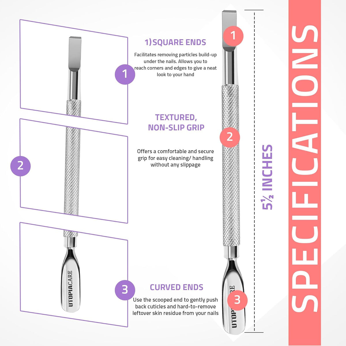 Utopia Care Cuticle Pusher Tool & Spoon Nail Cleaner, Professional Stainless Steel Cuticle Remover