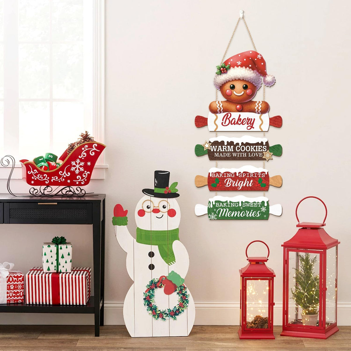 CHDITB Wooden Gingerbread Bakery Christmas Door Hanger, Rustic Christmas Wall Hanging Sign with