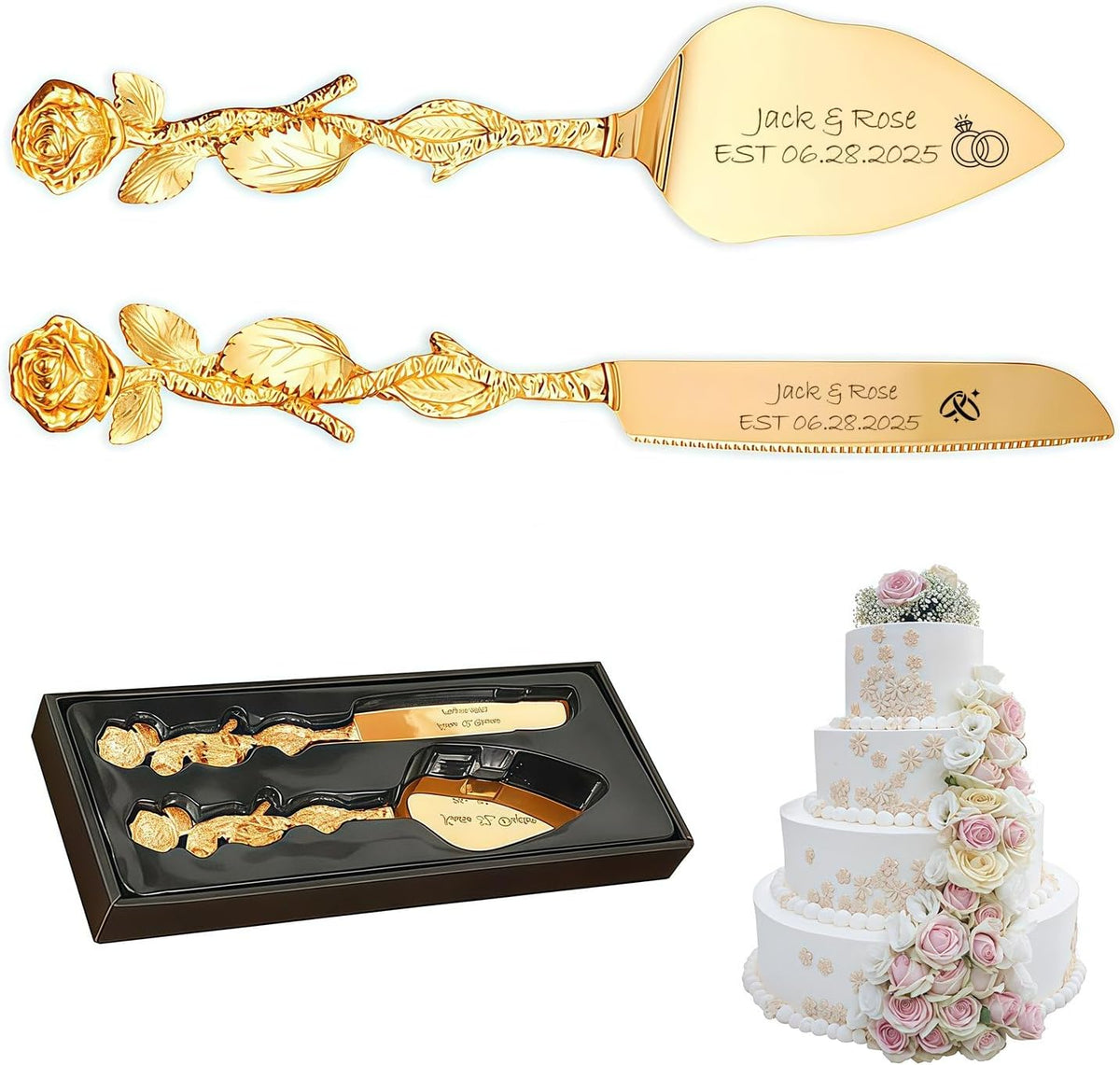 Personalized Wedding Cake Knife and Server Set, Custom Name/Date Cake Cutting Set for Wedding