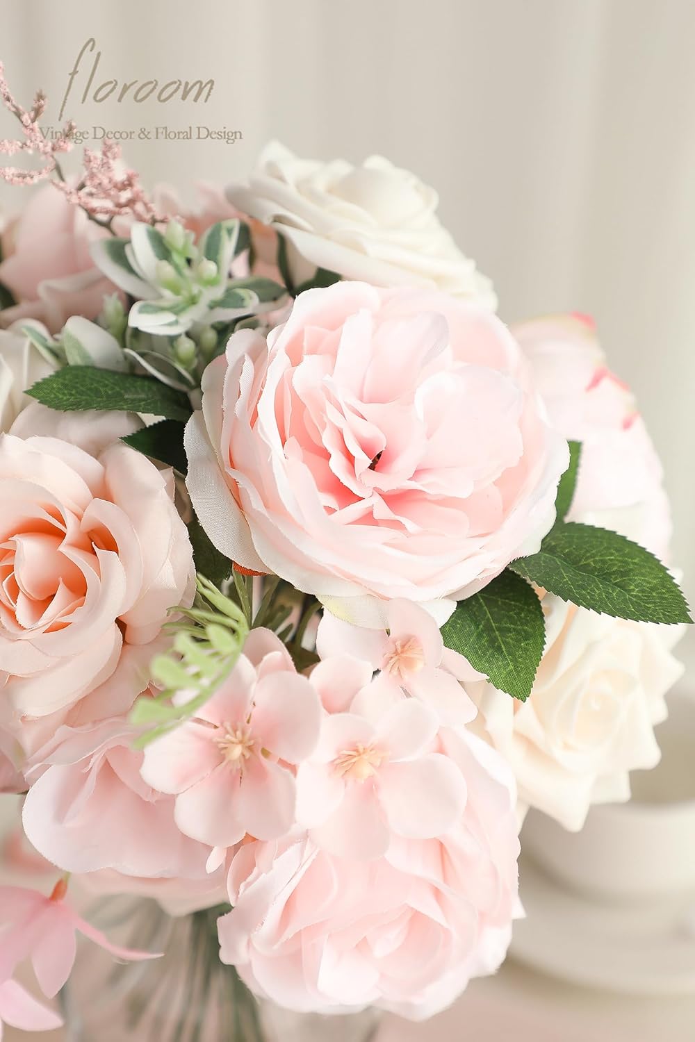 Floroom Cream Blush Artificial Flowers Fake Roses Peonies and Greenery Combo Box Set for DIY Pink