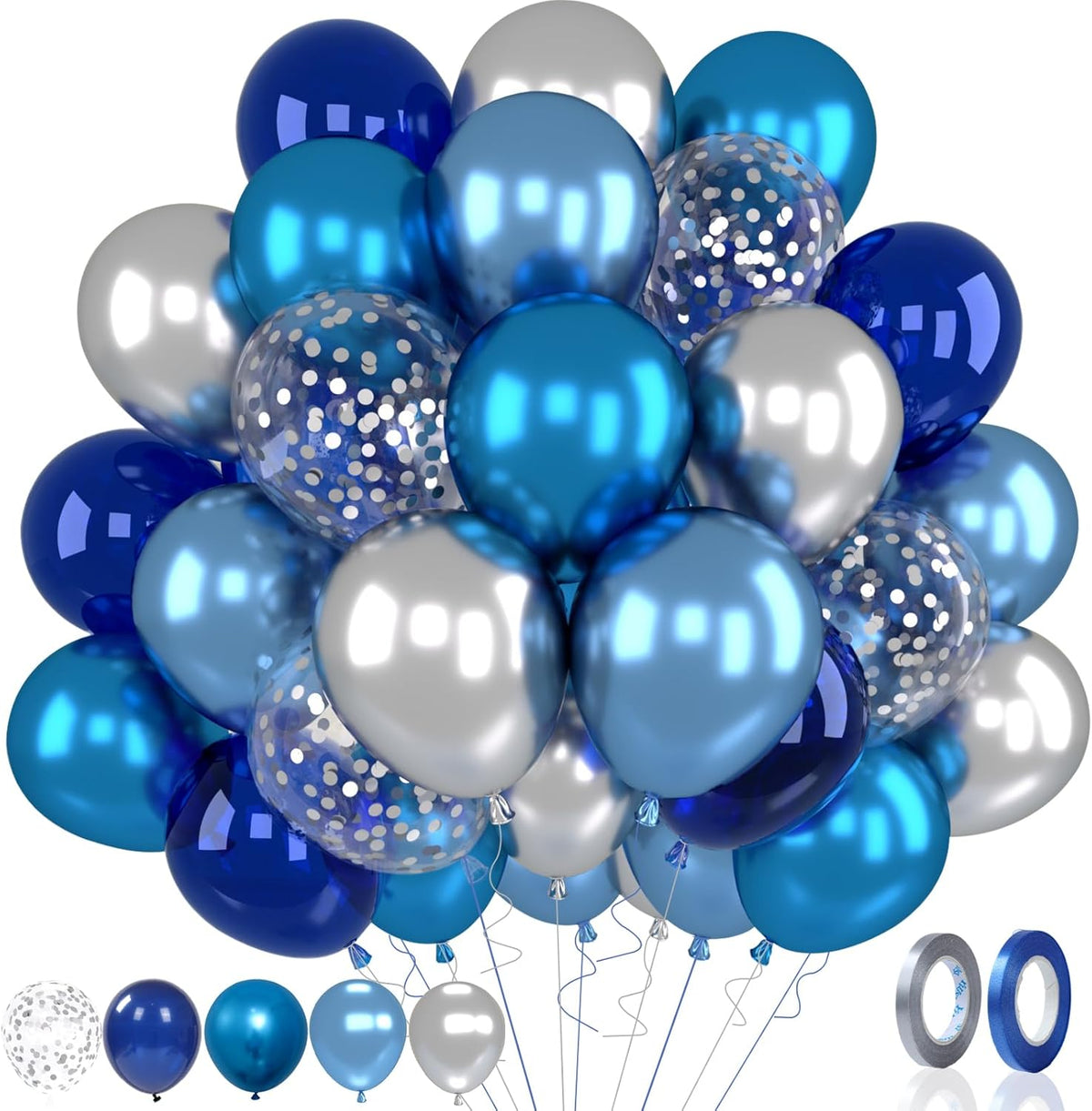 Patimate Blue Silver Balloons Set, 50 pcs 12 inch Metallic Navy Royal Blue Silver Confetti Latex