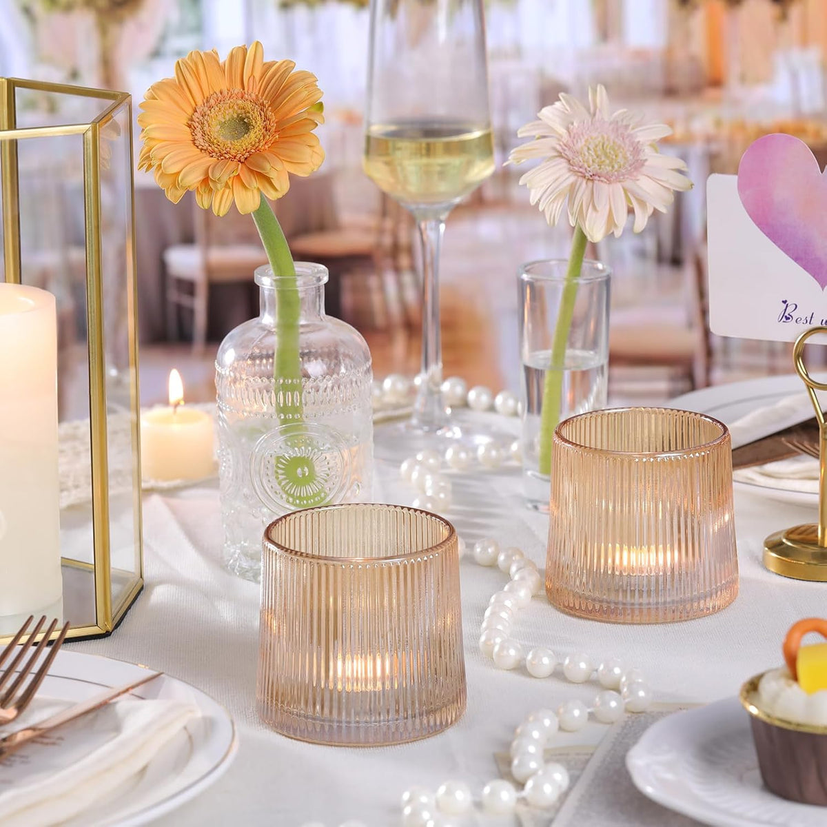 DARJEN Gold Ribbed Tealight Votive Candle Holders Set of 10- Tea Light Candle Holders Glass for