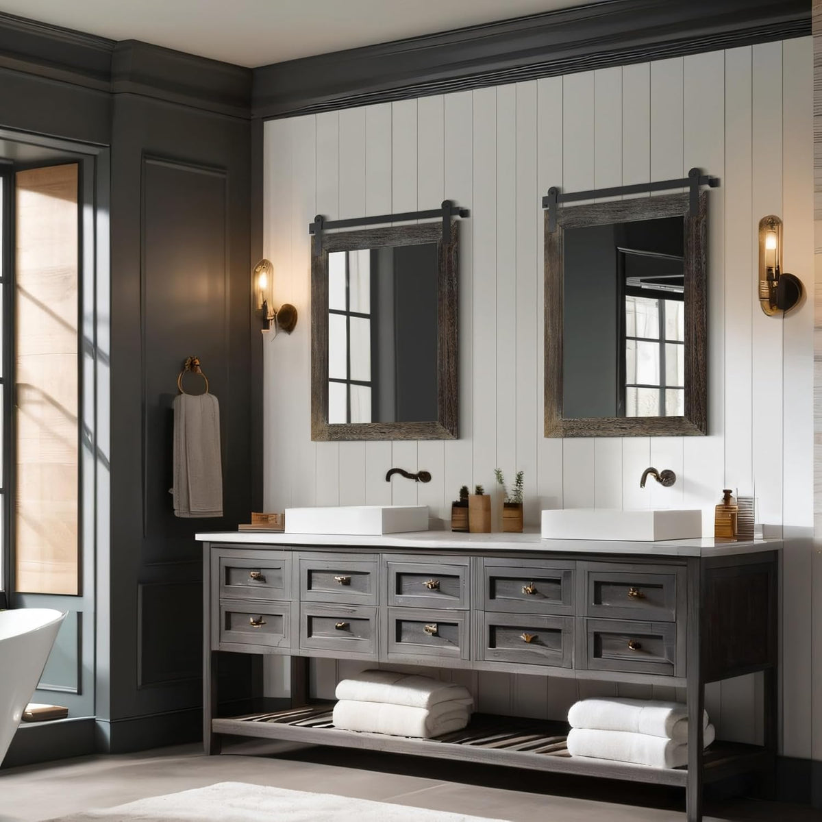 COGOOD Farmhouse Barn Door Mirror - 21" x 30" Rustic Wood Framed Wall Mirror for Bathroom, Living
