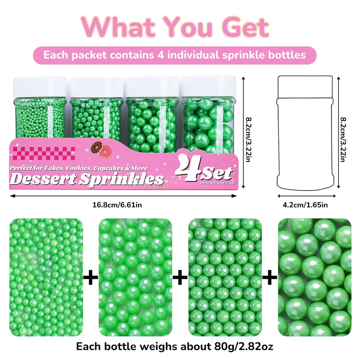 Green Pearl Sprinkles for Cake Decorating, 11.3 Oz Edible Pearls Sugar 4 Sizes Gift Box Set for