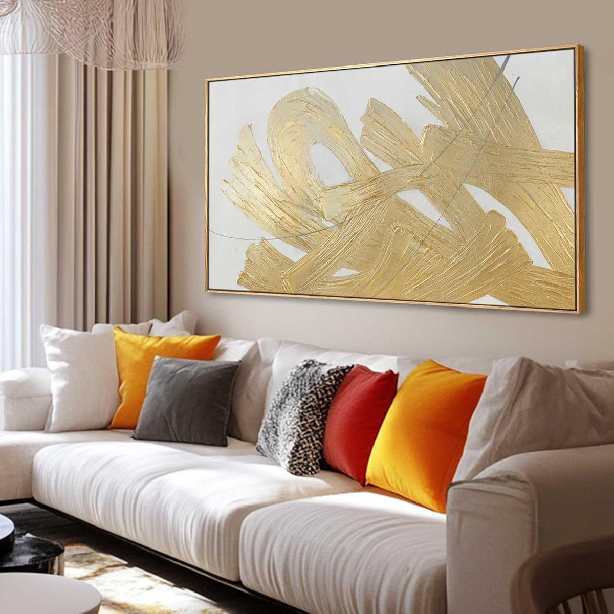 Gold Framed Canvas Art Abstract Wall Decor White Picture Decor 24"x48" Canvas Wall Art for Bedroom