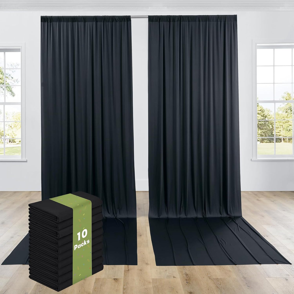 PartyVillage 50ft×15ft Black Backdrop Curtain for Halloween Parties, 10 Panels Wrinkle Free 15 FT