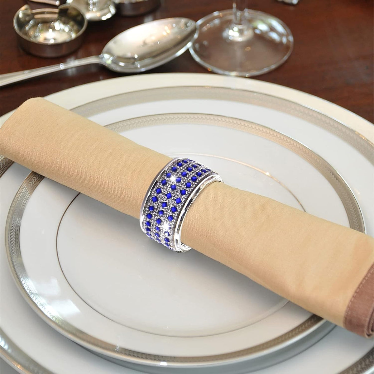 Rhinestone Napkin Ring Diamond Napkin Rings Stainless Steel Blue Crystal Napkin Holder Set of 12