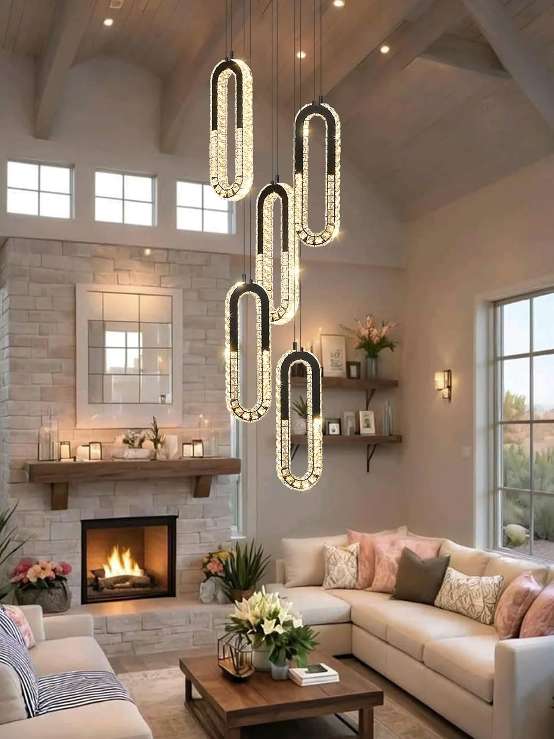 5 Rings Crystal Chandeliers for Staircase Large Pendants Light Fixture Black High Ceiling