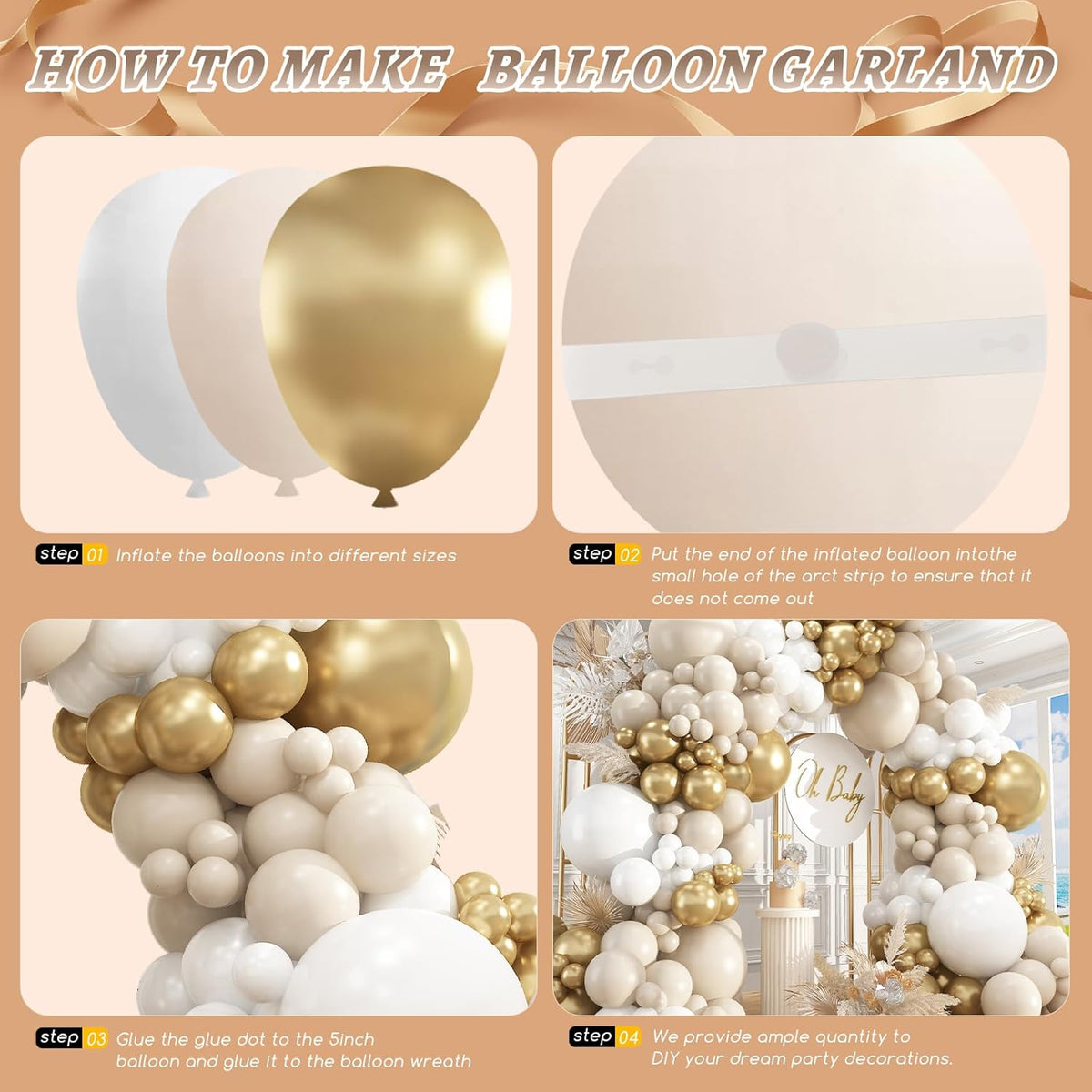 412pcs Sand White Gold Balloon Arch Kit, 18 12 10 5 Inch Different Size White Metallic Gold Latex