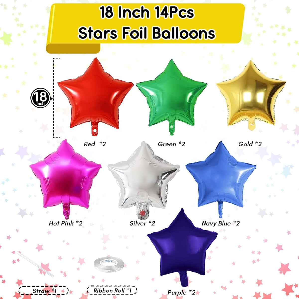 Colorful Star Foil Balloons, 18 Inch 14 Pcs Mixed Stars Shape Mylar Helium Balloons, Pentagram