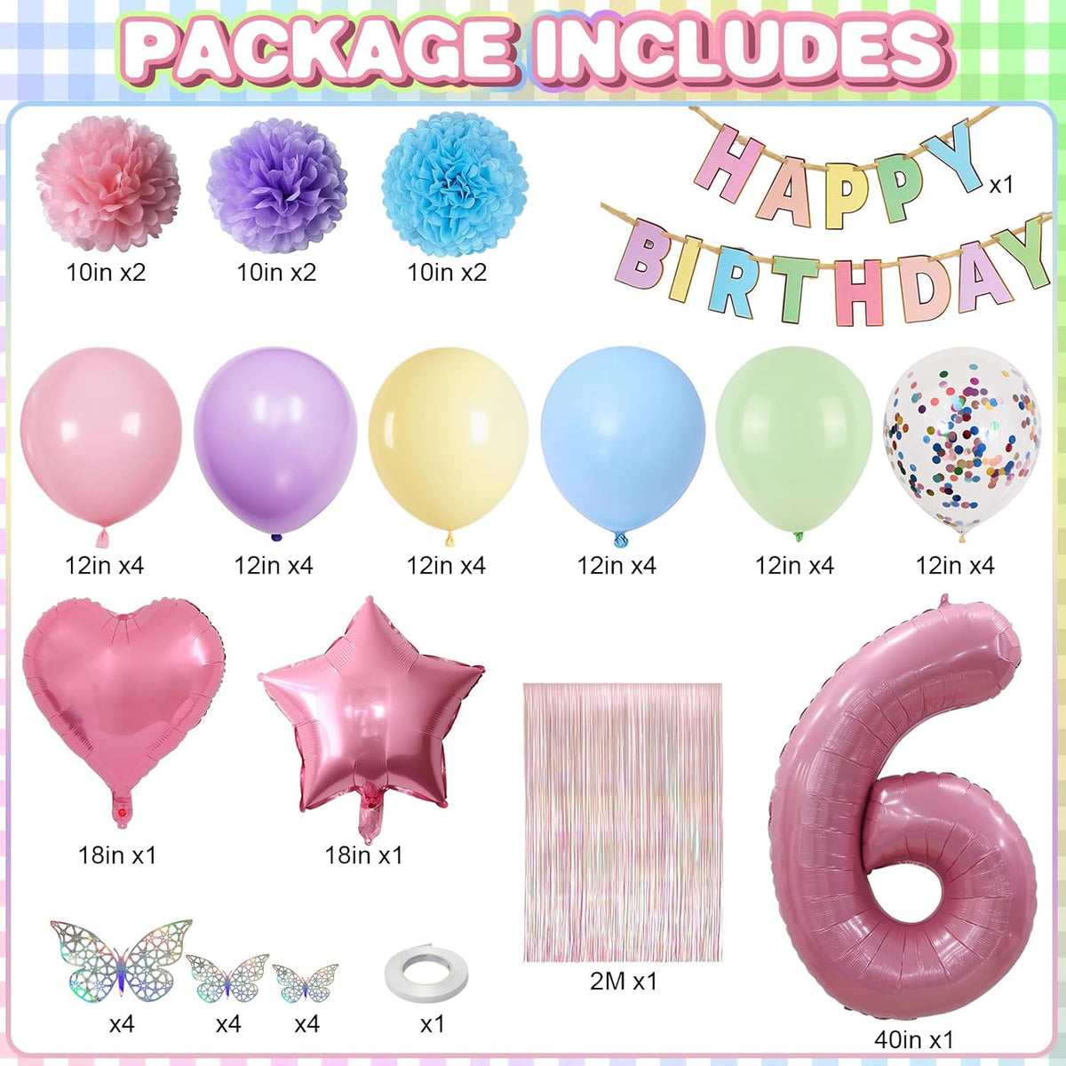 Pastel 6th Birthday Party Decorations for Girls Number 6 Balloon Happy Birthday Banner Butterfly