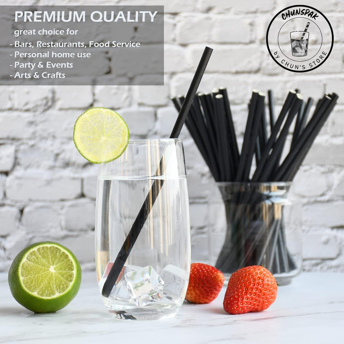 Black Paper Drinking Straws Bulk Individually Wrapped - 1000 Counts, 7.75" x0.24" - For Cocktail