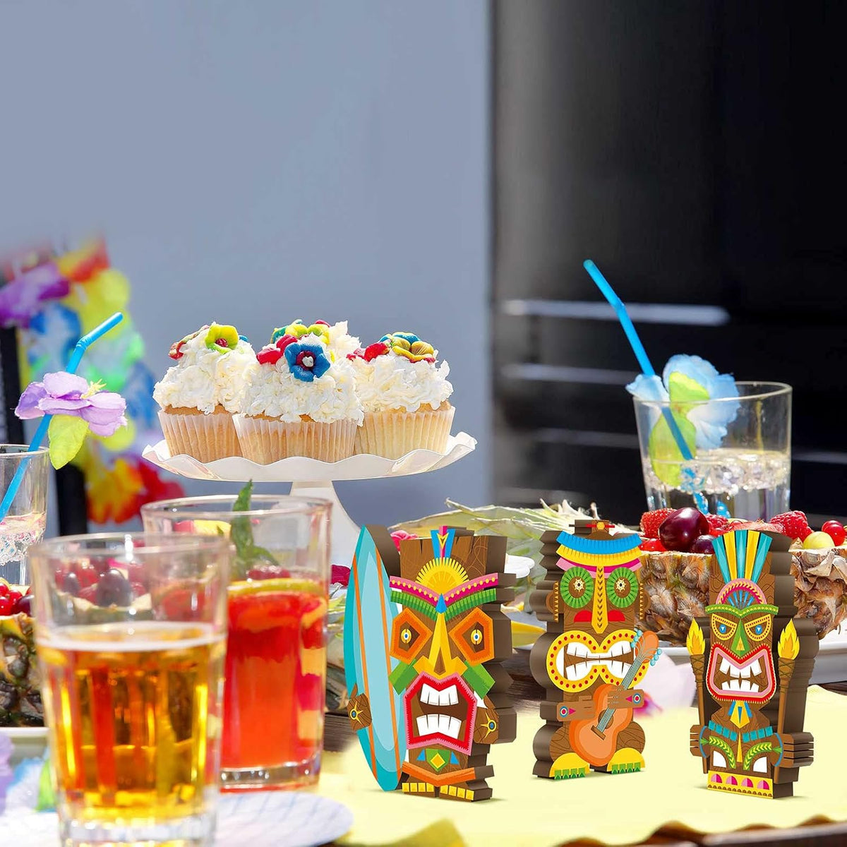 Blulu 3 Pcs Tiki Party Decor Hawaiian Luau Party Decorations Tropical Aloha Wooden Bar Table Sign
