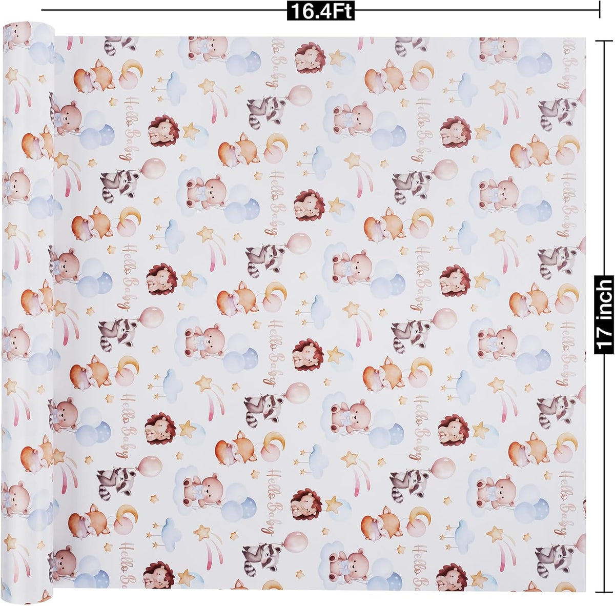 Aimyoo Baby Shower Wrapping Paper Roll - 17 Inch x 16.4 Feet - Cute Animal with Hello Baby Letter