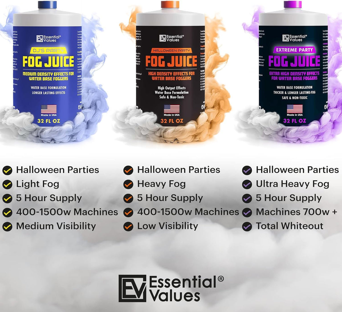 Essential Values Fog Machine Liquid - Long-Lasting Fog Juice for Smoke Machine Extreme