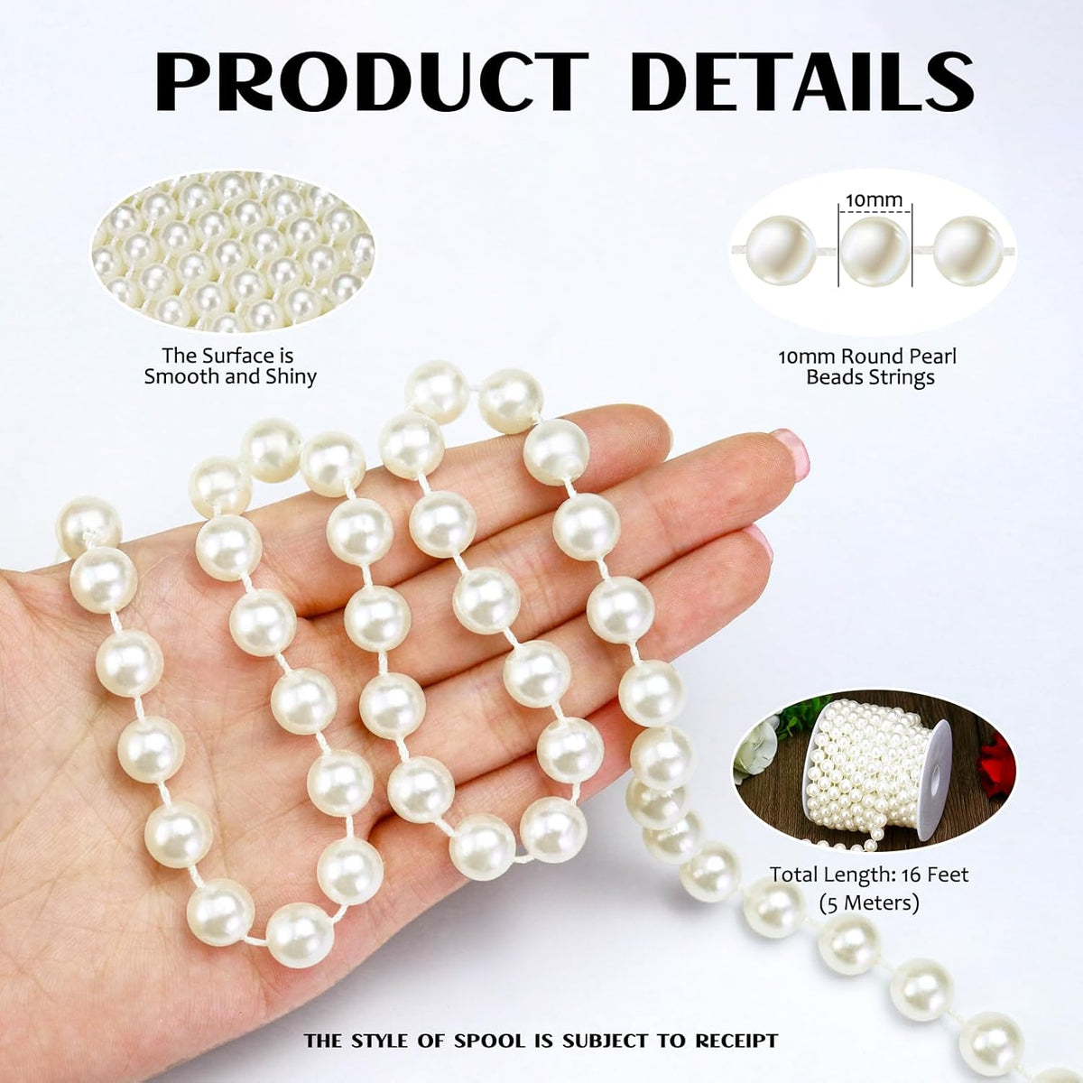 16 Feet 10mm Pearl Strings Garland for Crafts, Artificial Pearl Beaded Trim Chain Roll Strands for