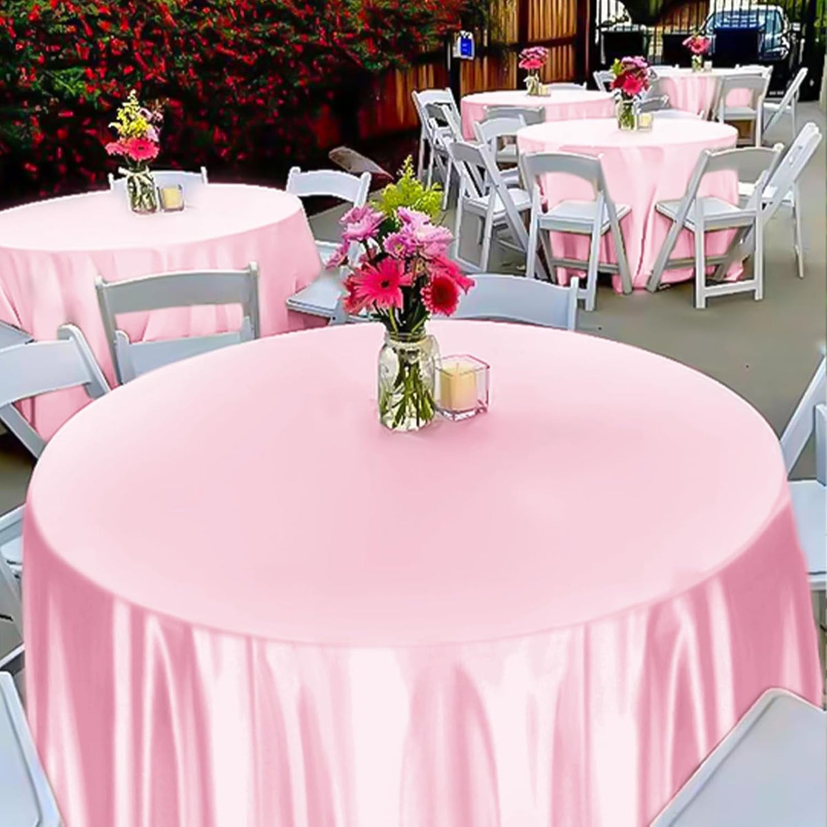 fani 12 Pack 120 Inch Light Pink Satin Tablecloth - Silky Round Tablecloth Overlay Smooth Fabric