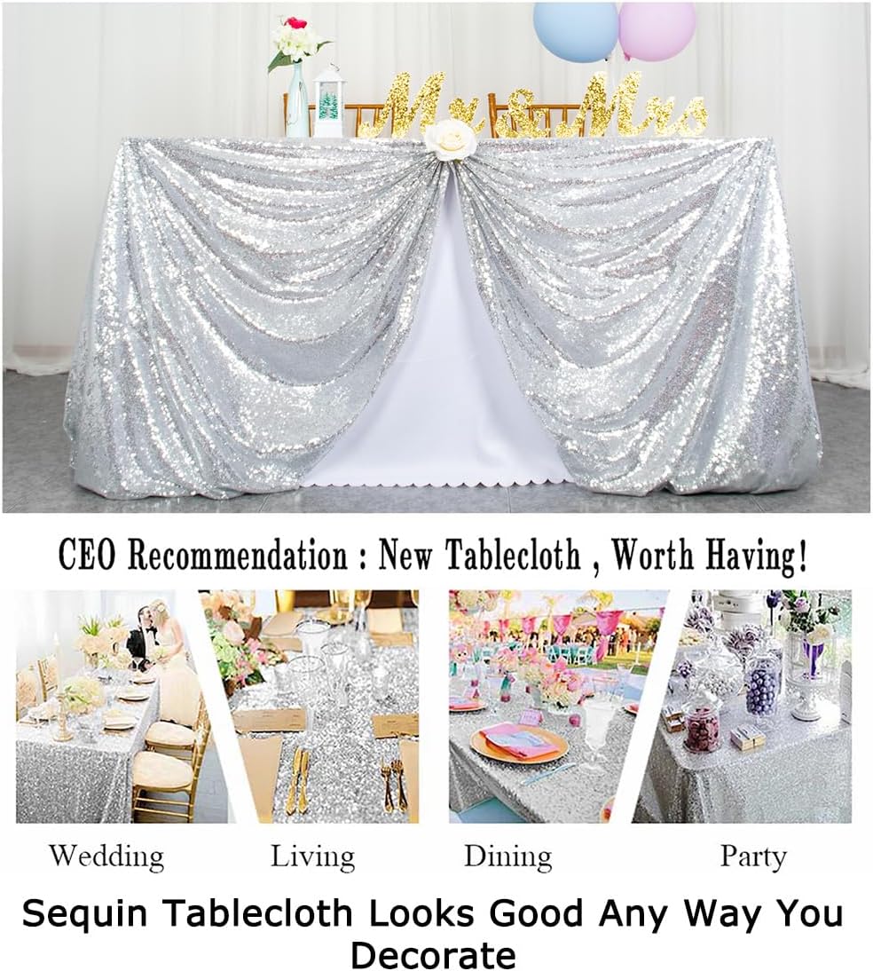 ShinyBeauty 2 Pack 72x72 Inch Silver Sequin Tablecloths - Elegant Square Glitter Tablecloth for