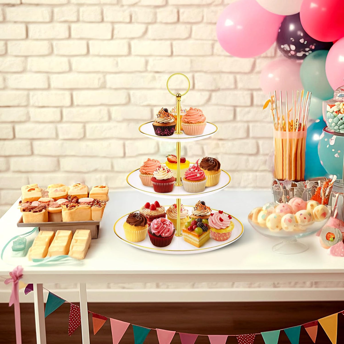 PinCute Cupcake Stand Holder - 3 Tier Cup Cake Dessert Tower, Plastic Tiered Serving Tray&Metal Rod