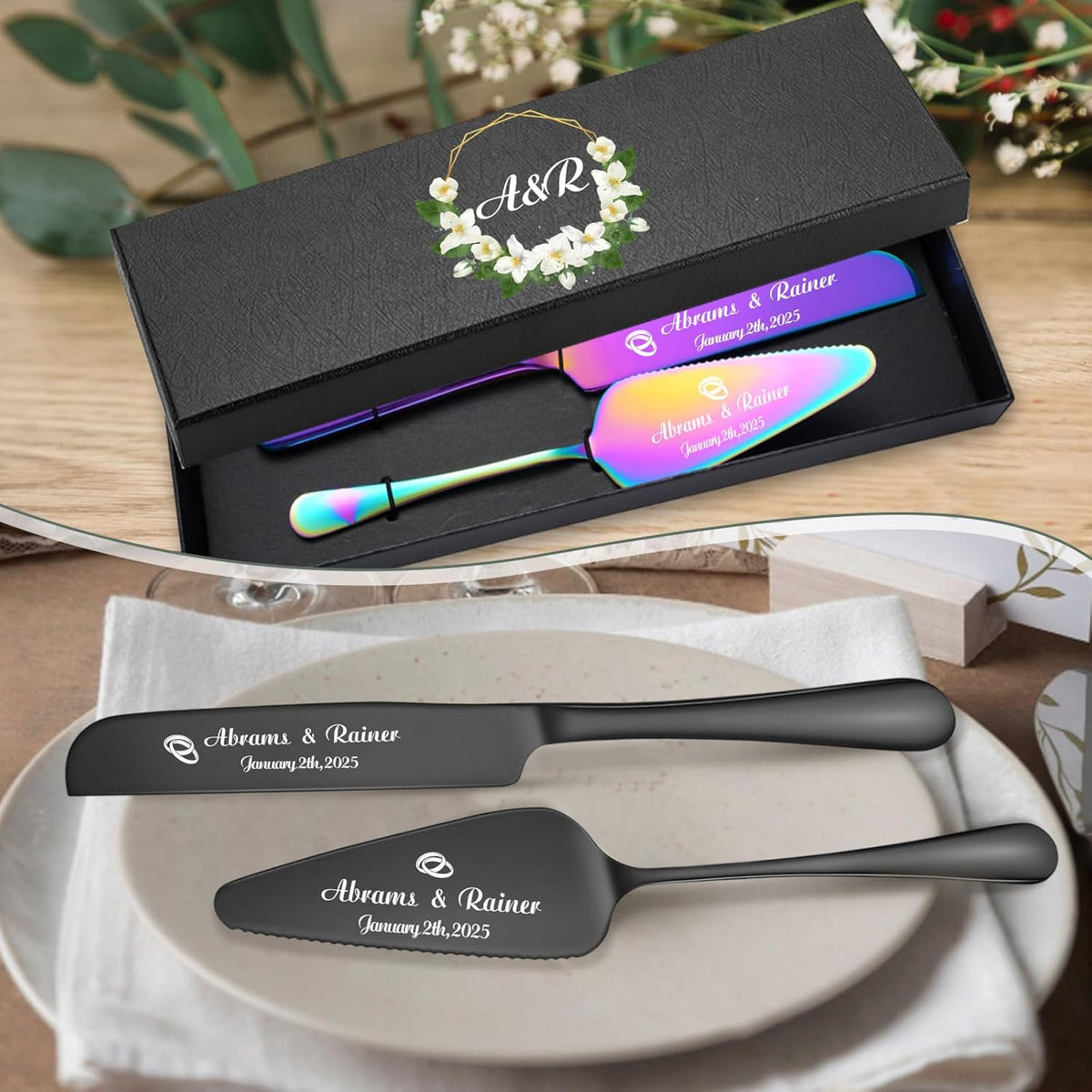 Personalized Wedding Cake Knife and Server Set - Custom Name Engraved Cutting Set with Elegant Gift