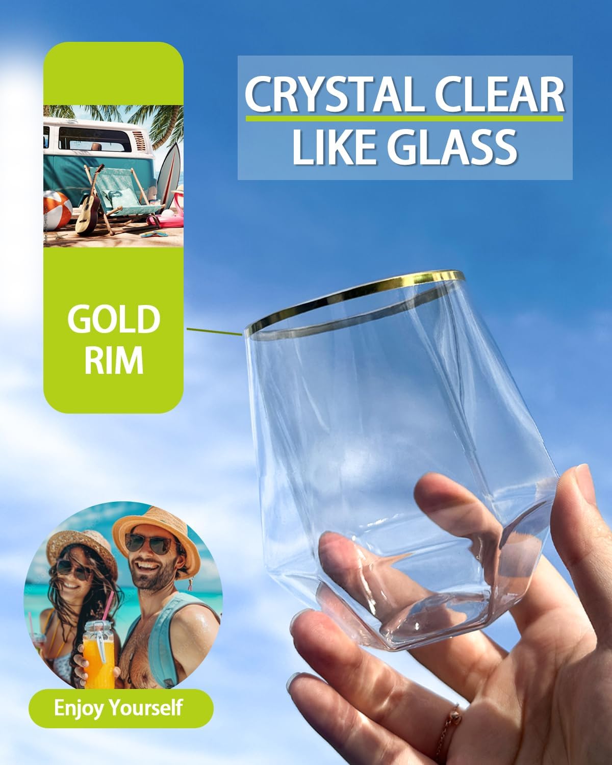40 Pcak Plastic Stemless Wine cocktail Whiskey Champagne Glasses, 12 Oz Gold Rim Disposable Clear