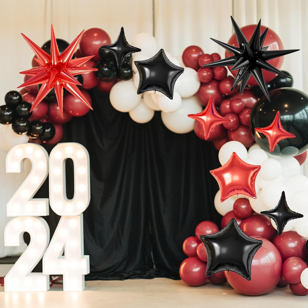 16 Pcs Red Black Star Balloons, 22/18/10 Inch Foil Balloons, Explosion Conee Four-Pointed Balloon