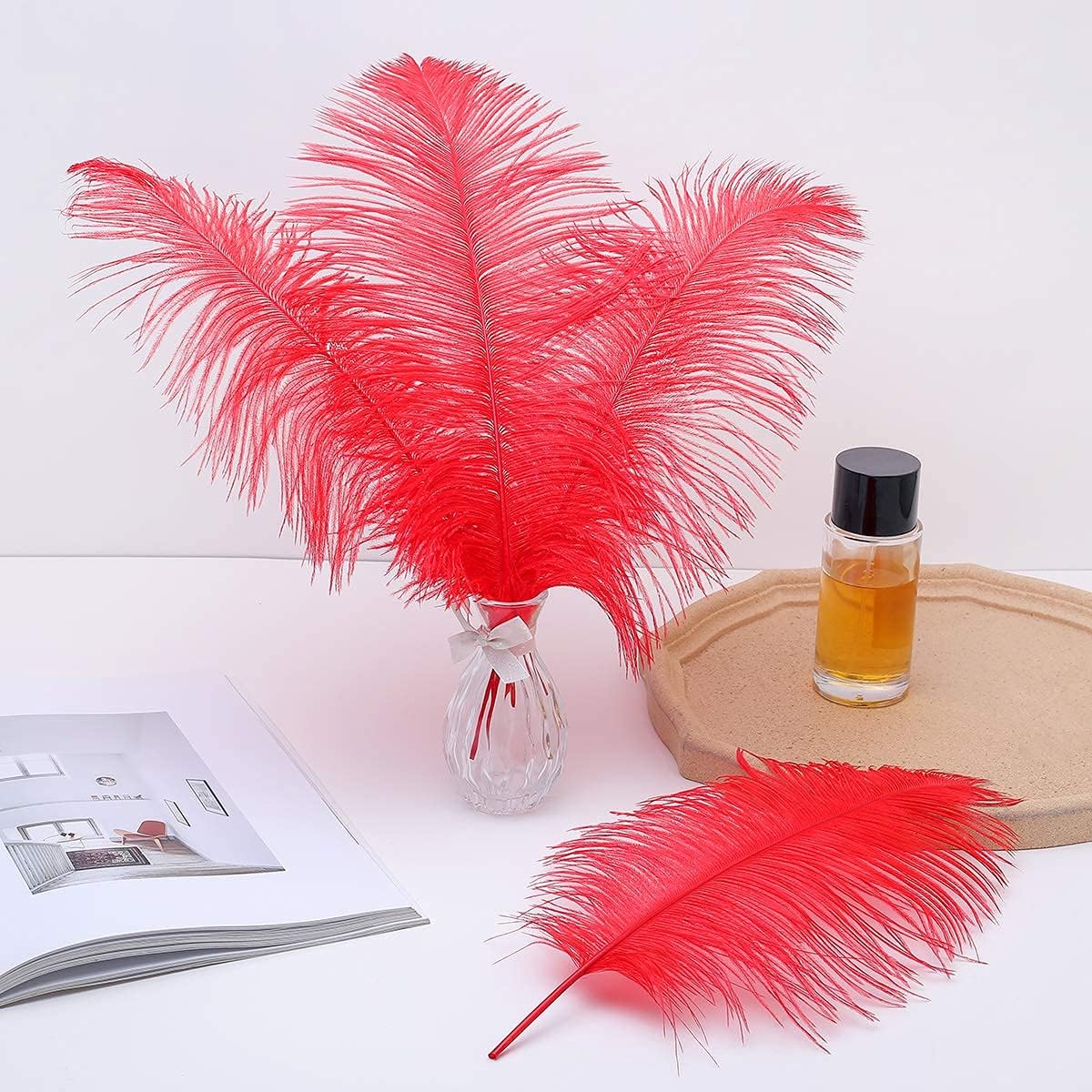 24pcs Natural Bright Red Ostrich Feathers 10-12inch (25-30cm) for Wedding Party Centerpieces，Flower