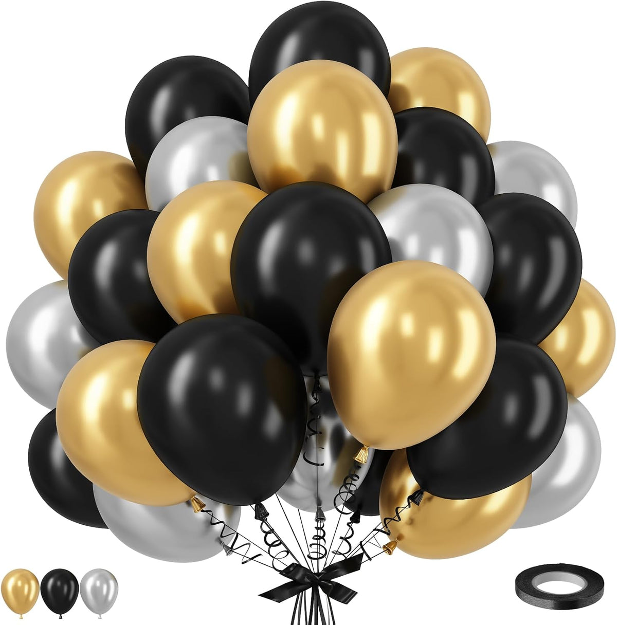 Black and Gold Balloons Set, 12 Inch Black Gold Silver Balloon New Year Eve Party Decoration Black