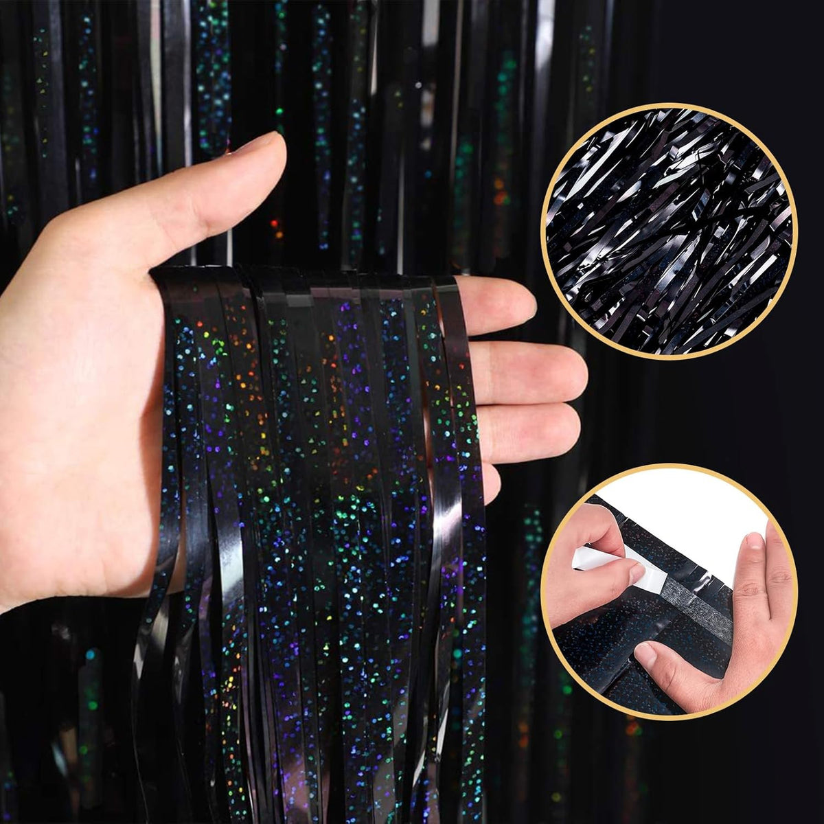 10 Pack Black Backdrop Curtain 3.2ft x 8.2ft Metallic Tinsel Foil Fringe Curtains Photo Booth