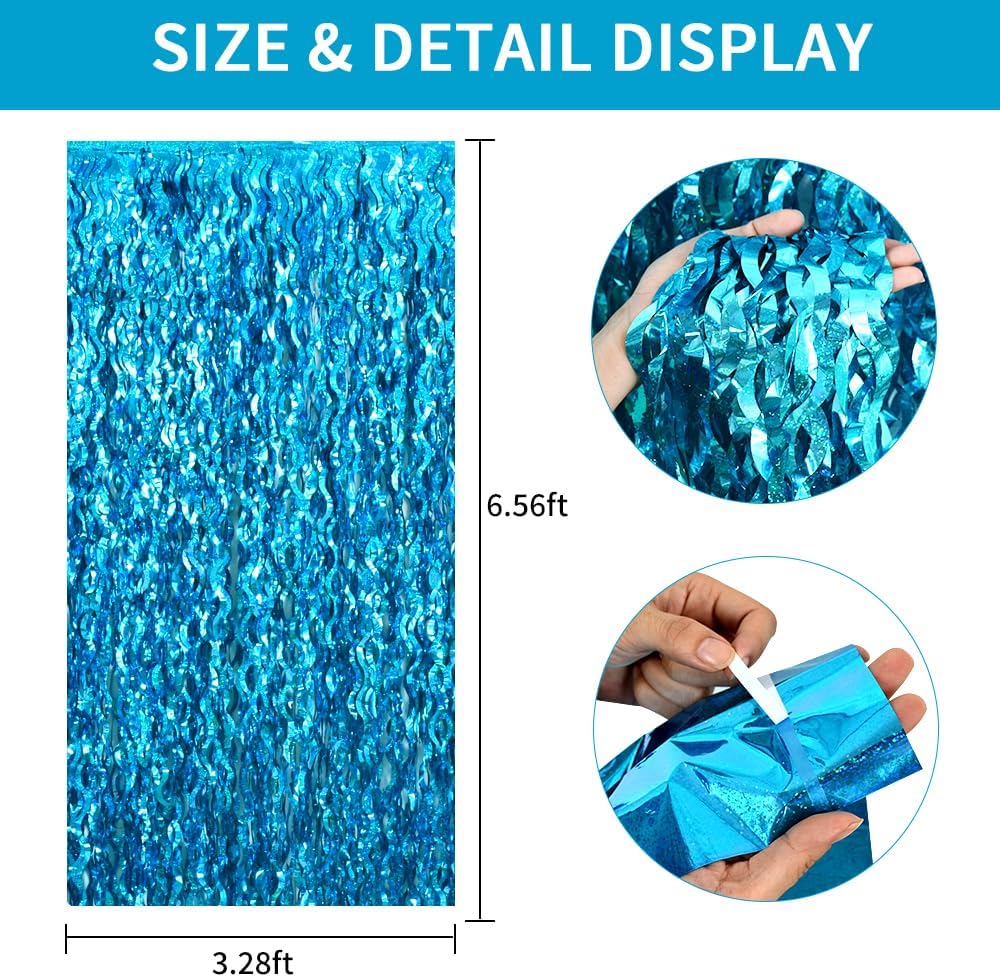 TONIFUL 3Pcs Wavy Metallic Tinsel Foil Fringe Curtains Teal Blue Streamer Backdrop for Photo Booth