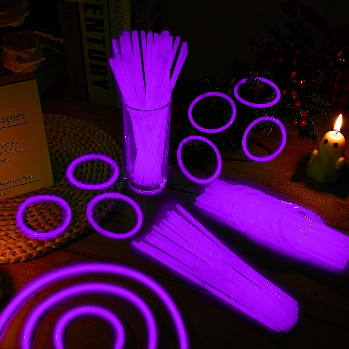 100 Pack 8” Purple Glow Sticks Bulk with 100 Connectors Neon Glow In The Dark Party favors Supplies
