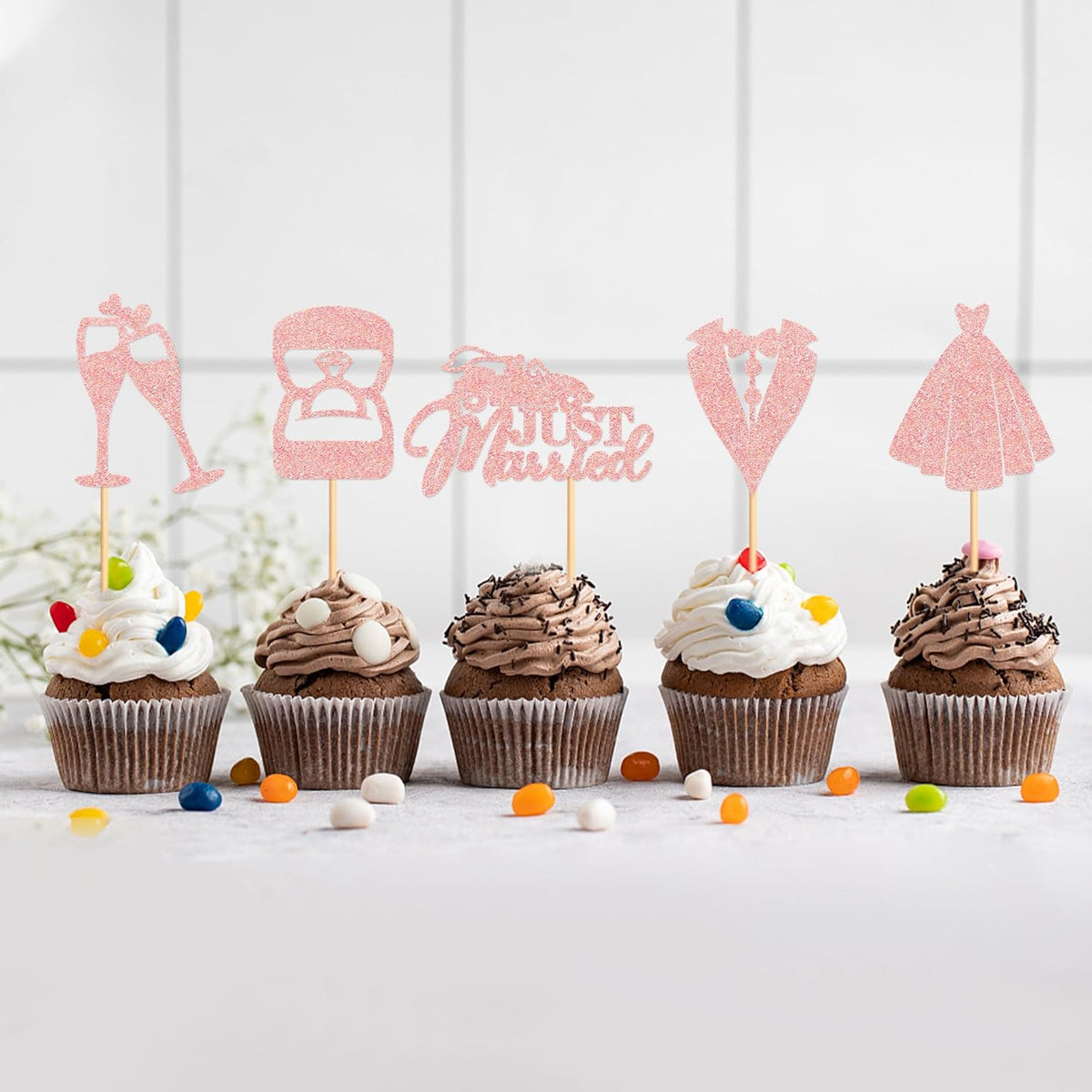 25 Pcs Bride and Groom Cupcake Toppers Wedding Dress Diamond Ring Cupcake Picks Bridal Shower