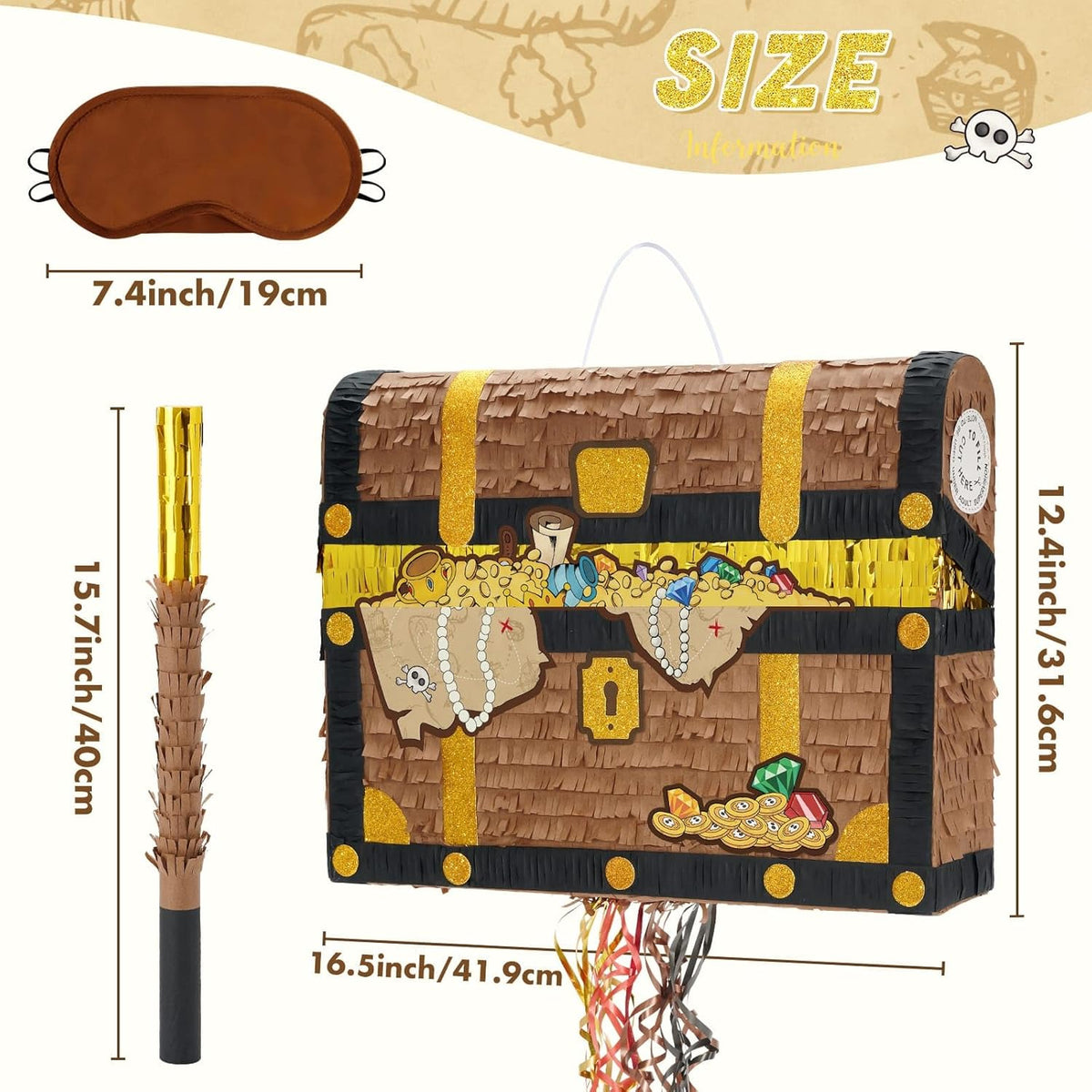 WERNNSAI Treasure Chest Piñata - Pull String Pirate Themed Piñata with Blindfold and Bat Adventure