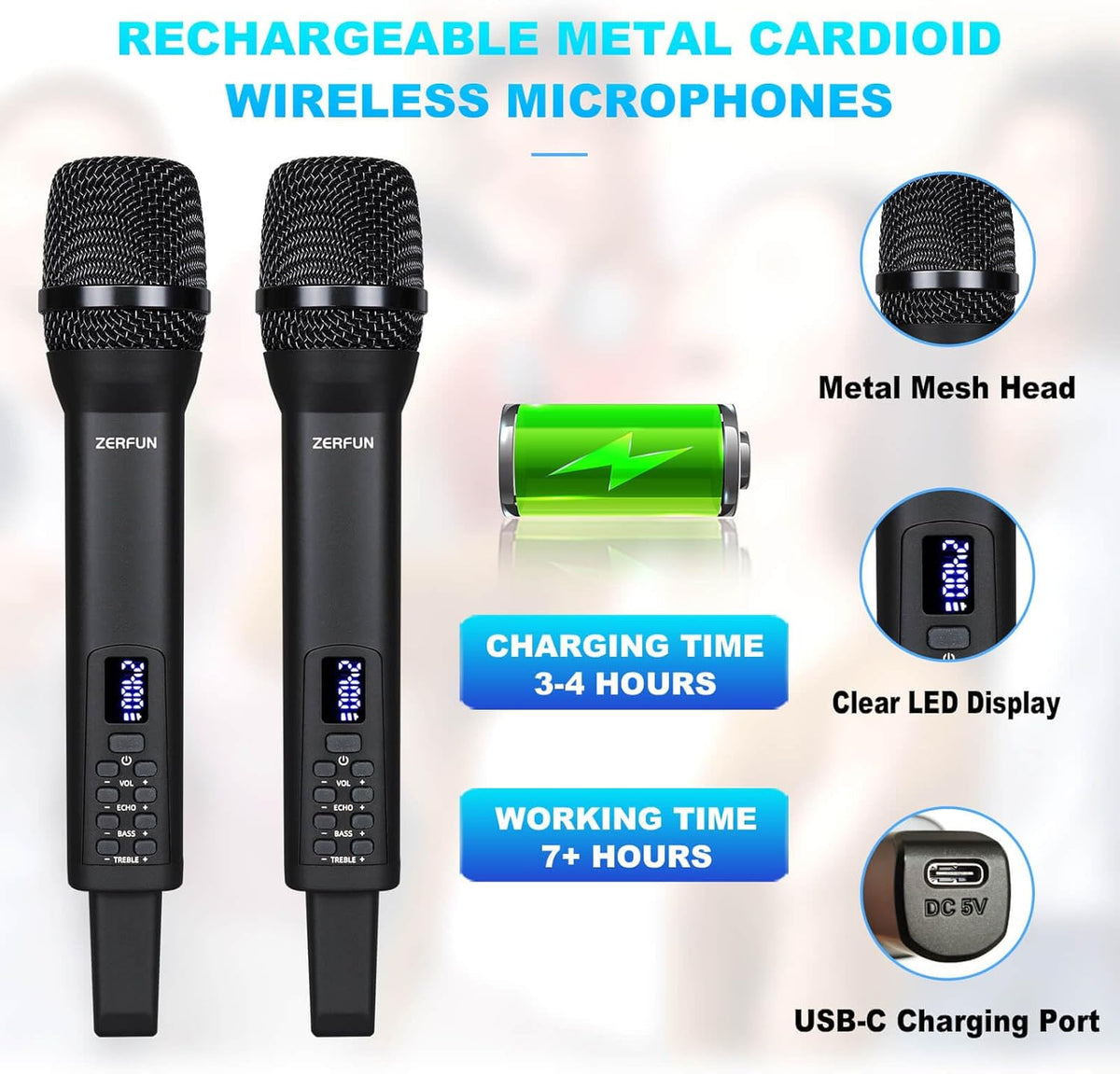 Dual Rechargeable Wireless Microphones, Pro Handheld Cordless Mics System with Echo Treble BASS VOL
