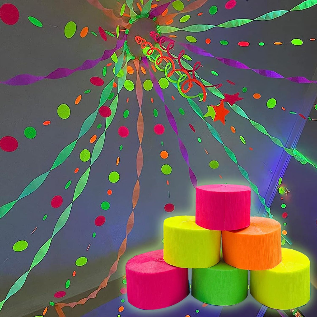 400 feet Glow Party Neon Streamer Decorations Glow Crepe Paper Streamers UV Reactive Fluorescent