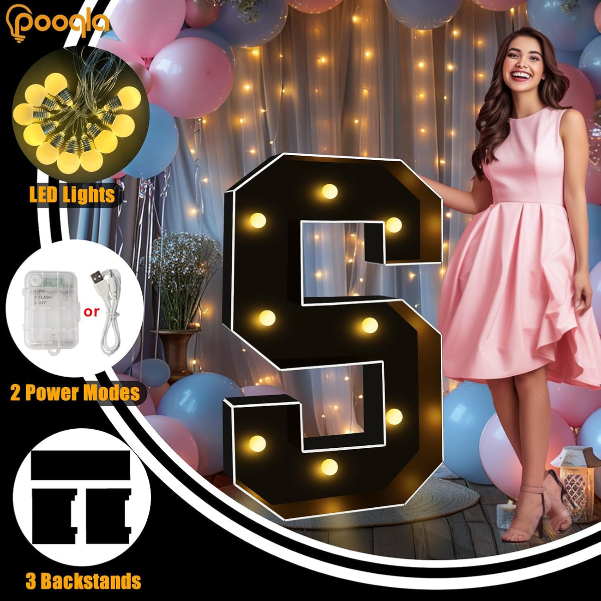 Pooqla 3FT Marquee Light Up Letters, Black LED Party Decor Large Marquee Letters 3 Feet Tall, Giant