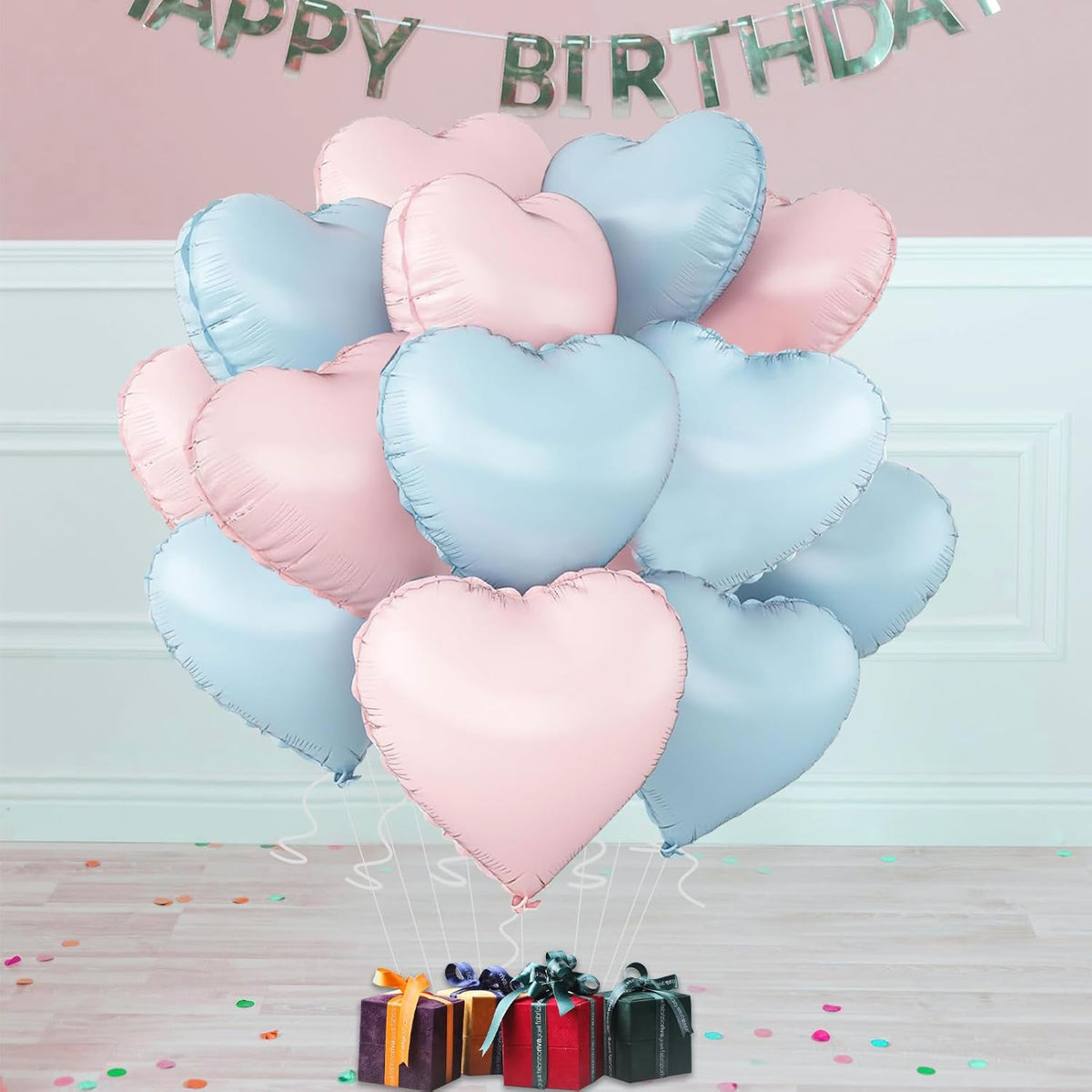 Blue Pink Heart Balloons,18inch Light Blue Heart Shaped Foil Balloons & Baby Pink Helium Mylar