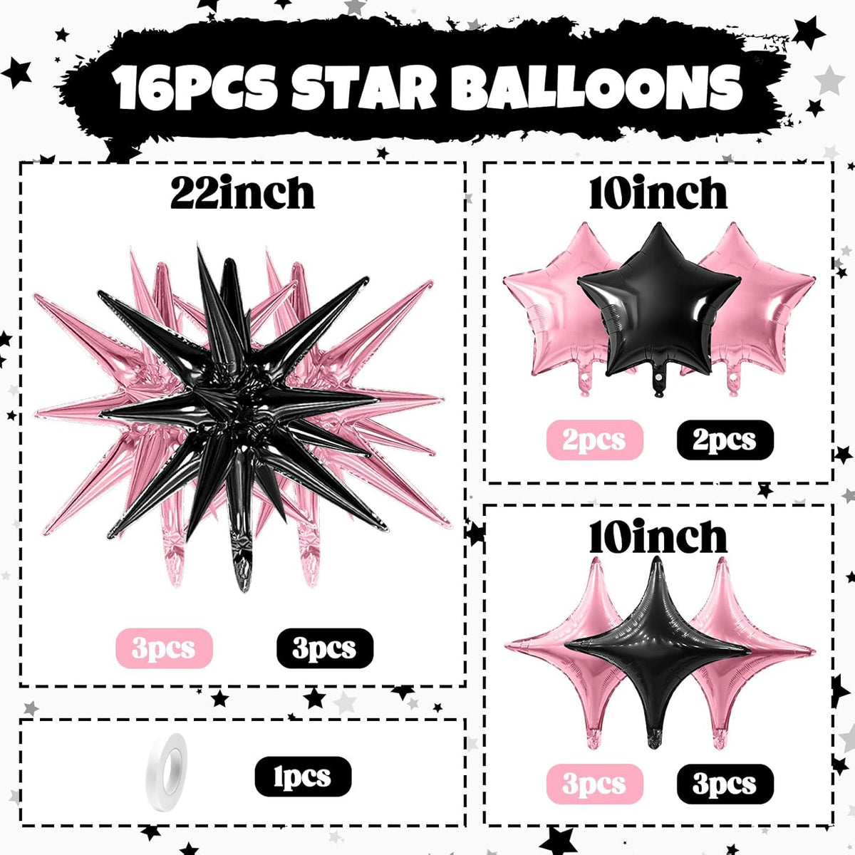 Pink Black Star Balloon,16Pcs Star Foil Balloons Set with 22Inch Explosion Spike Cone Balloons and