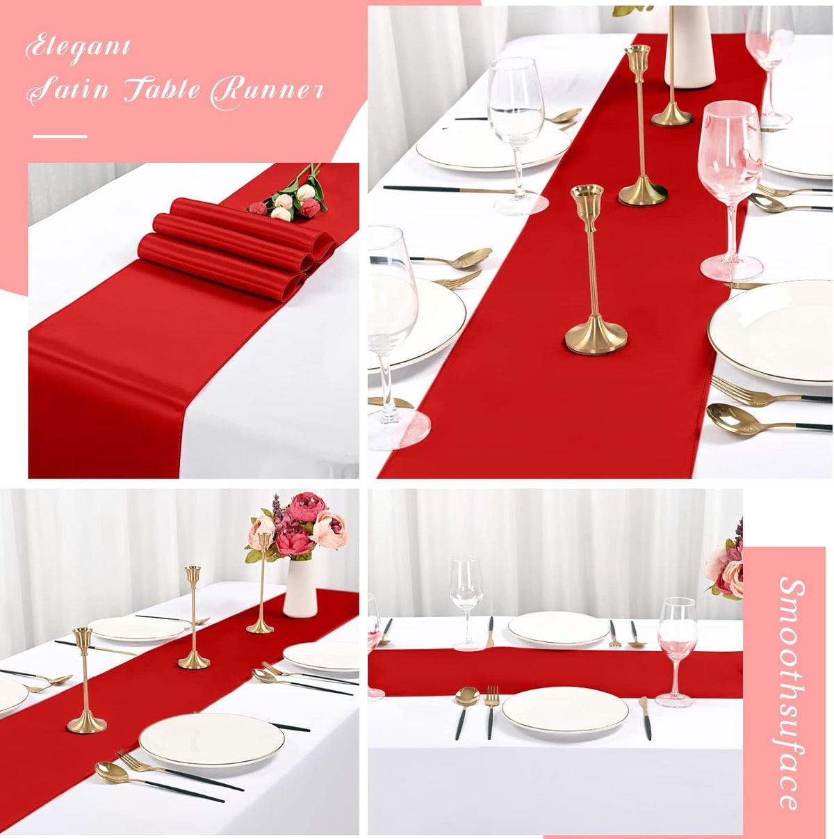 12 Pack Red Satin Table Runner,12 x 108 inch Long Premium Smooth Table Runner for Wedding