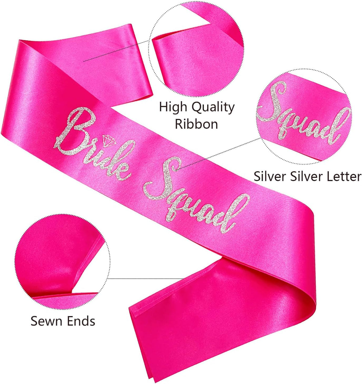 Bride Squad Sashes, 6 Pack Silver Glitter Bachelorette Party Sash for Bridal Shower Wedding Party