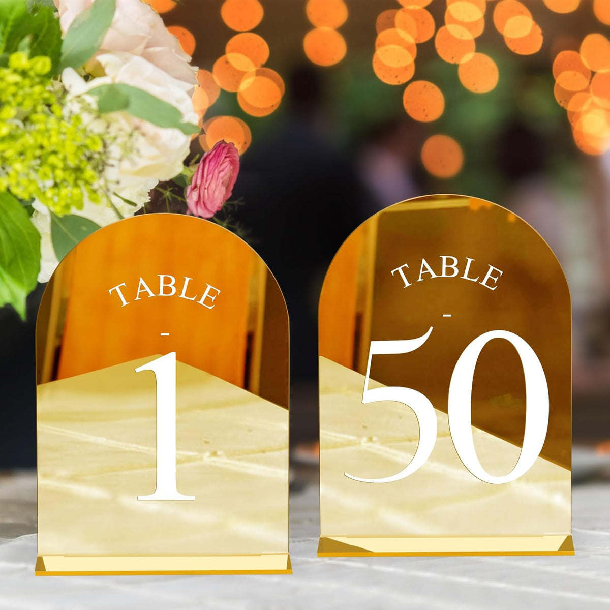 JOYIT Arch Wedding Table Numbers 1-50 with Stands – 5" X 7" Acrylic Mirrored Gold Table Number