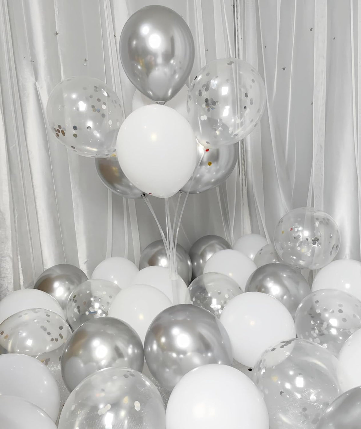 300 Pack White and Silver Balloons 12 Inch Silver Confetti Balloon for Various Party Events